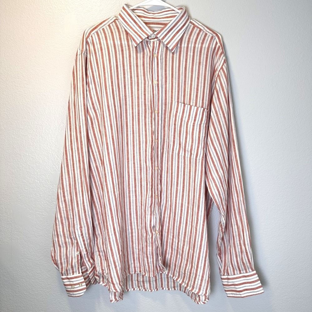 Raphael Positano Men's Size-XXL Puro Lino Shirt Stripe Red Long Sleeve Button Up